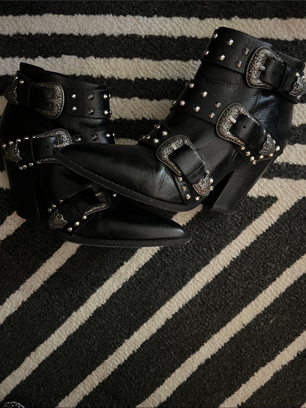 The Kooples Black Studded Western Buckle Ankle Boots